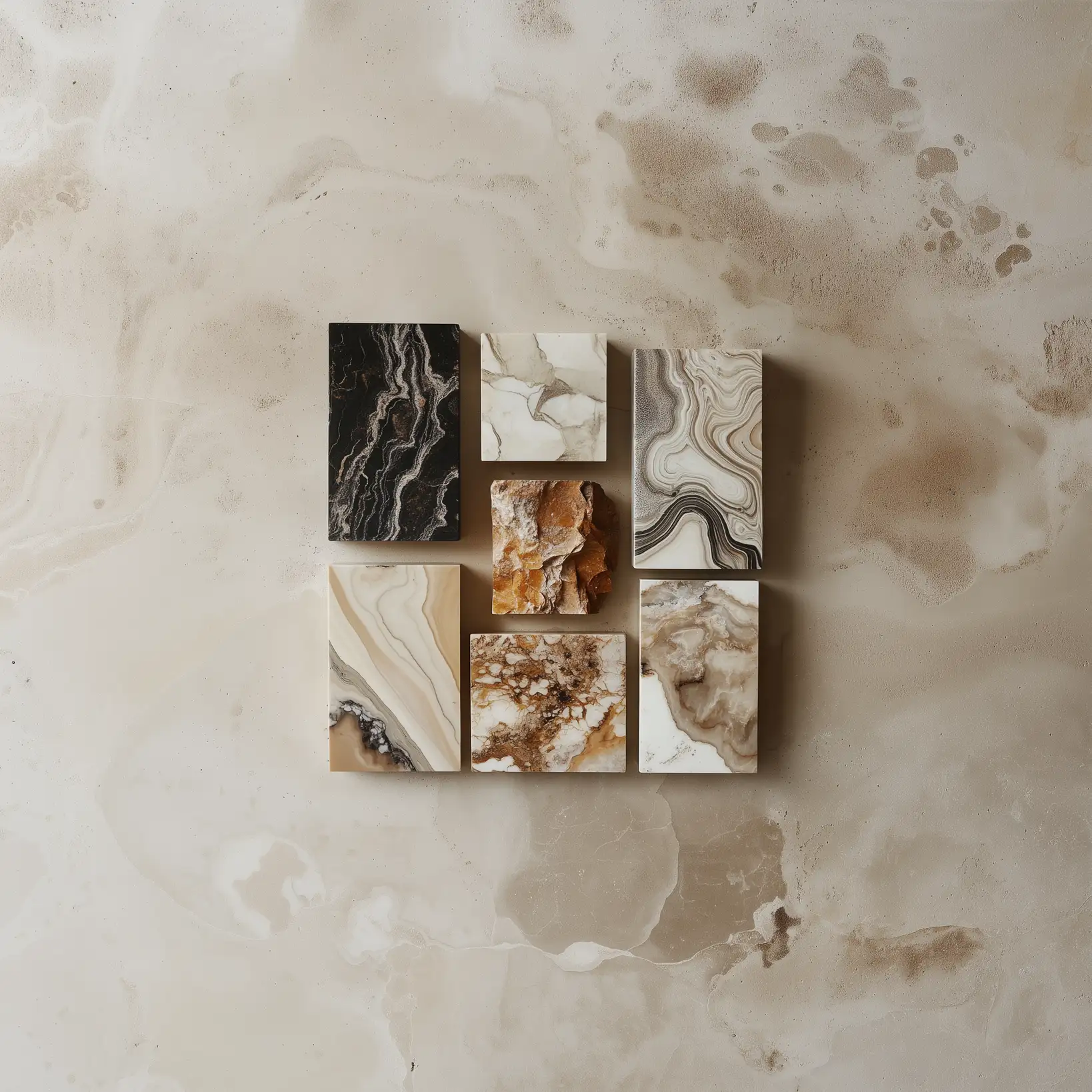 Collection of premium material samples including marble, stone, and luxury finishes